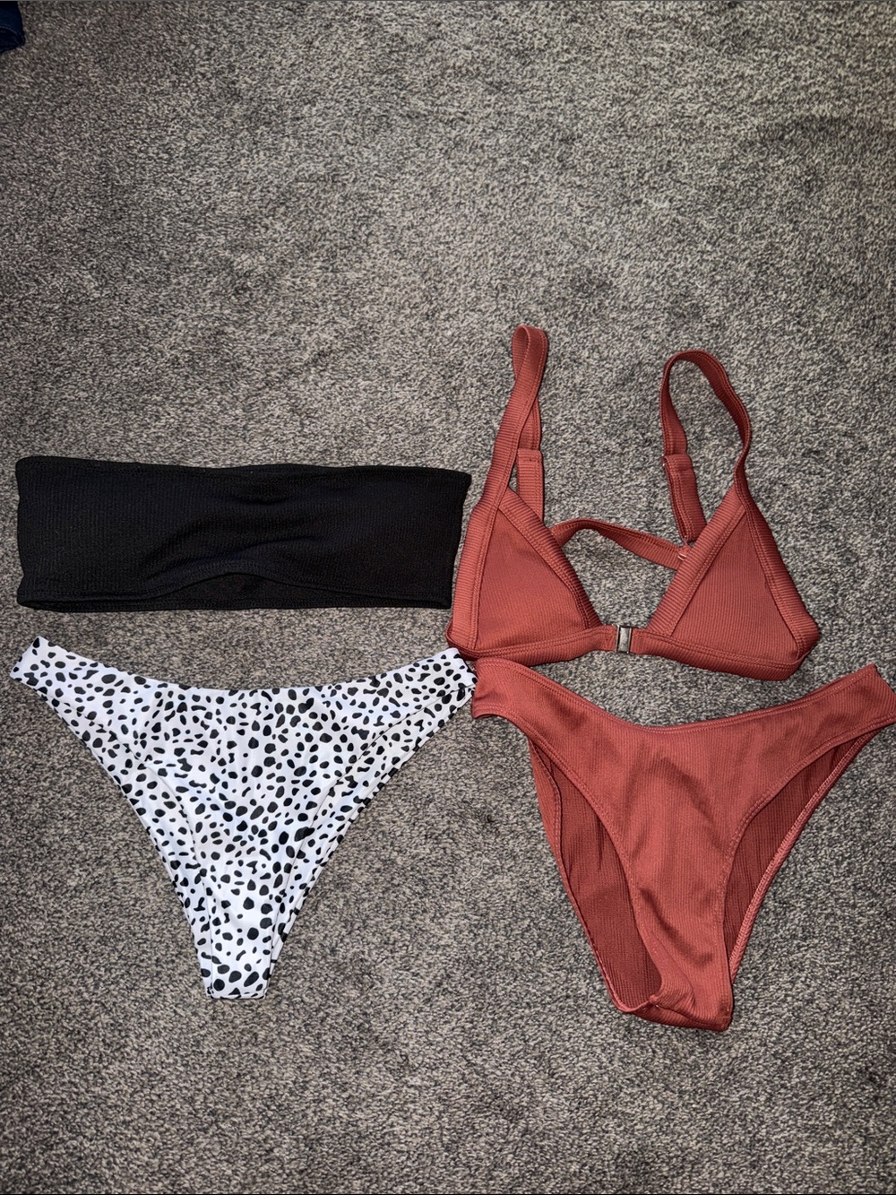 Rust Triangle Bikini Set with Black Bandeau and Dalmatian Print Bottom